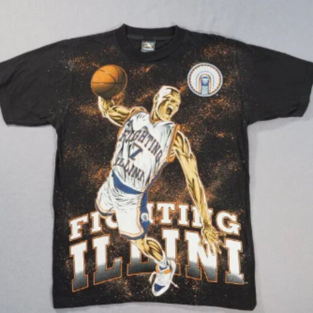 VTG Fighting Illini Chief Shirt Mens Large Black Basketball American Thunder 90s